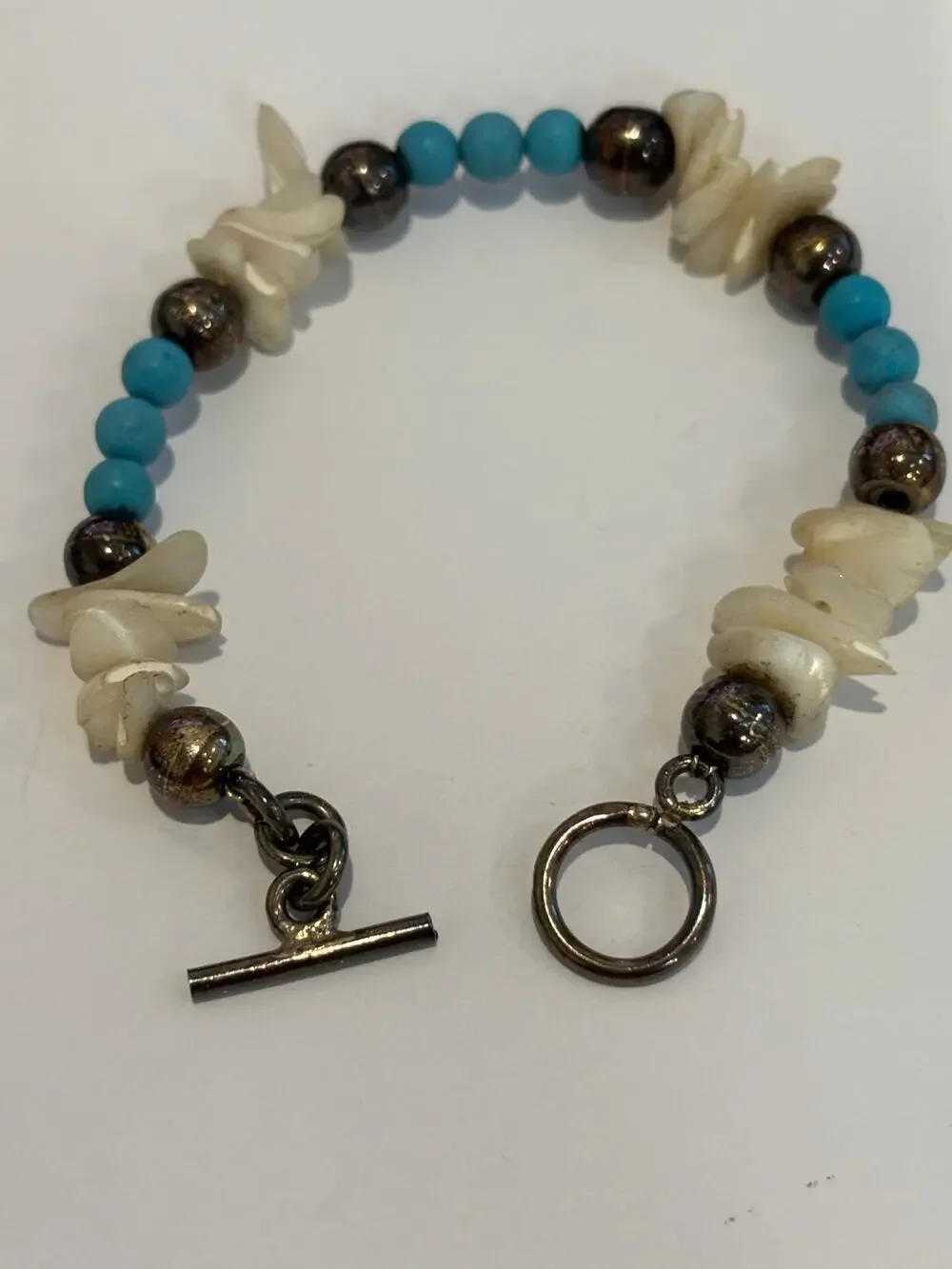 Bracelet Sterling Silver Clasp, Beads, Blue Stones & Shells